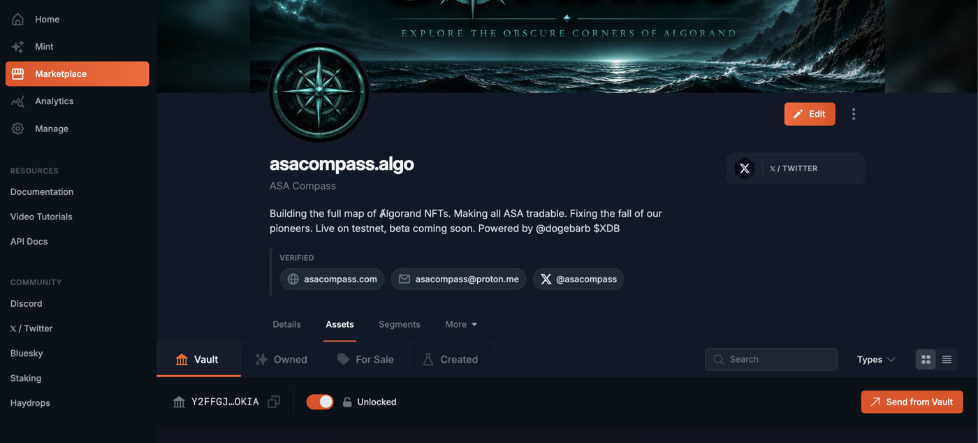 Screenshot of an NFD profile on the NFD Domains site, with the Vault tab open and the vault unlocked